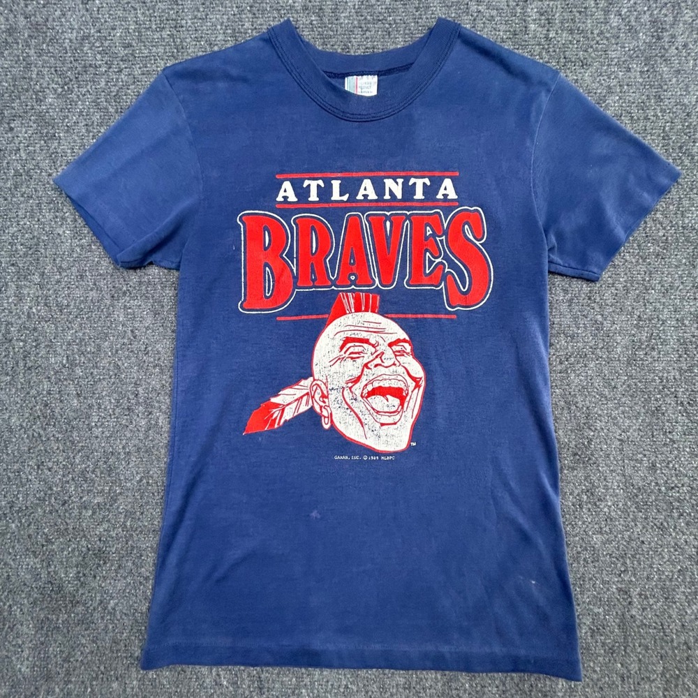 Atlanta Braves T-Shirt Womens M Blue Single Stitch 1988 Vtg Chief Noc-A-Homa MLB